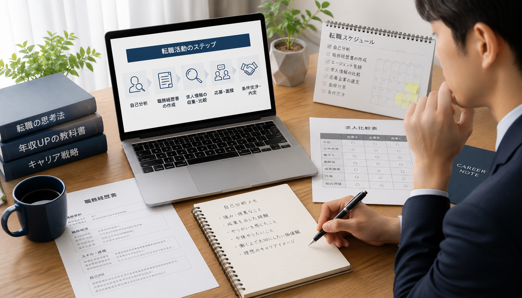 職務経歴書や求人比較を行いながら転職準備を進めるビジネスパーソン